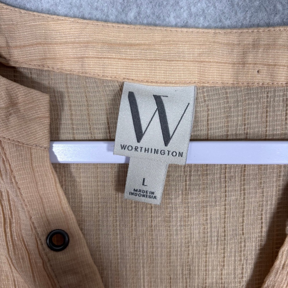 Worthington‎ Lace Up Blouse Large Tan Textured Balloon Sleeve Semi Sheer Neutral - Picture 8 of 11